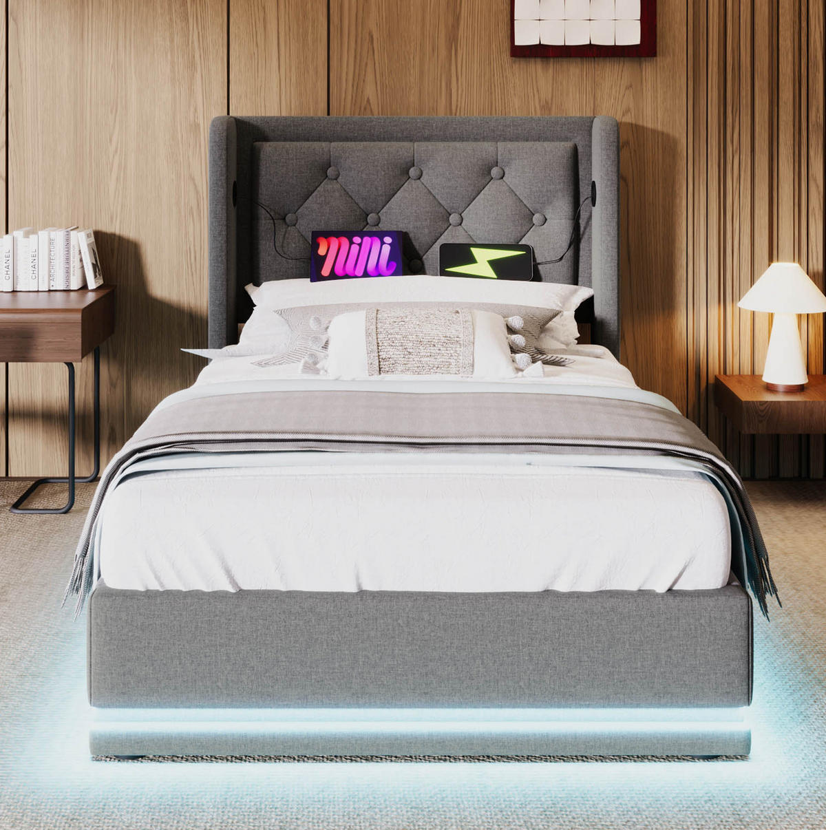 POLSTERBETT 90/200 cm Grau Baumwolle mit Stauraum und USB Typ-C-Anschluss - Grau, Textil (90/200cm) - OKWISH