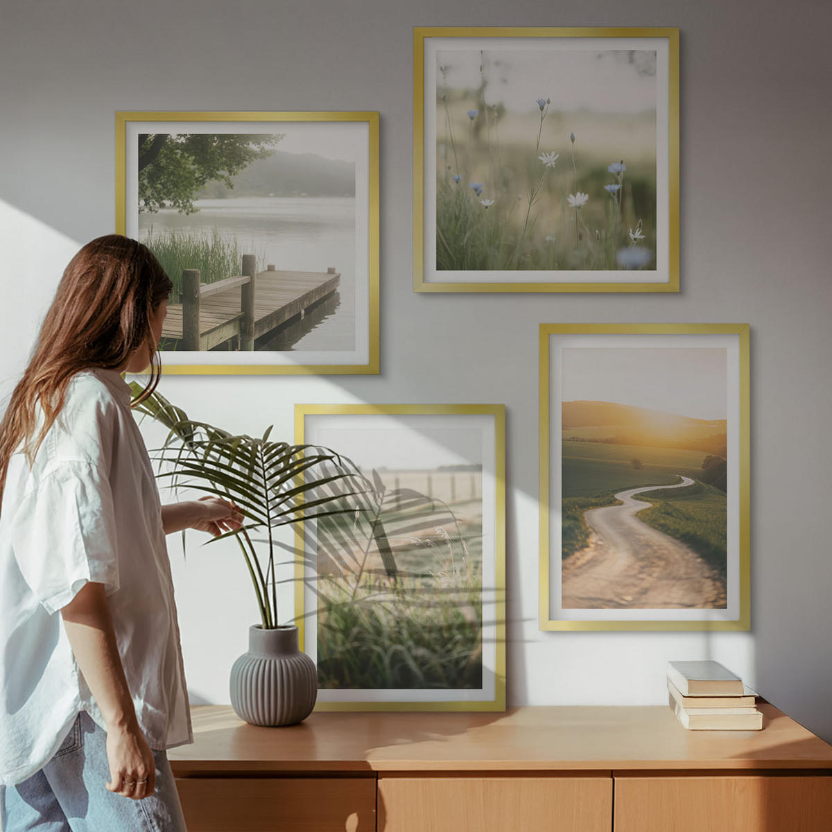 BILDER SET 4er Set - 50x50 cm & 40x60 cm Goldrahmen - Landschaftswiesenstraße West - Goldfarben, Kunststoff (50/50cm) - TULUP