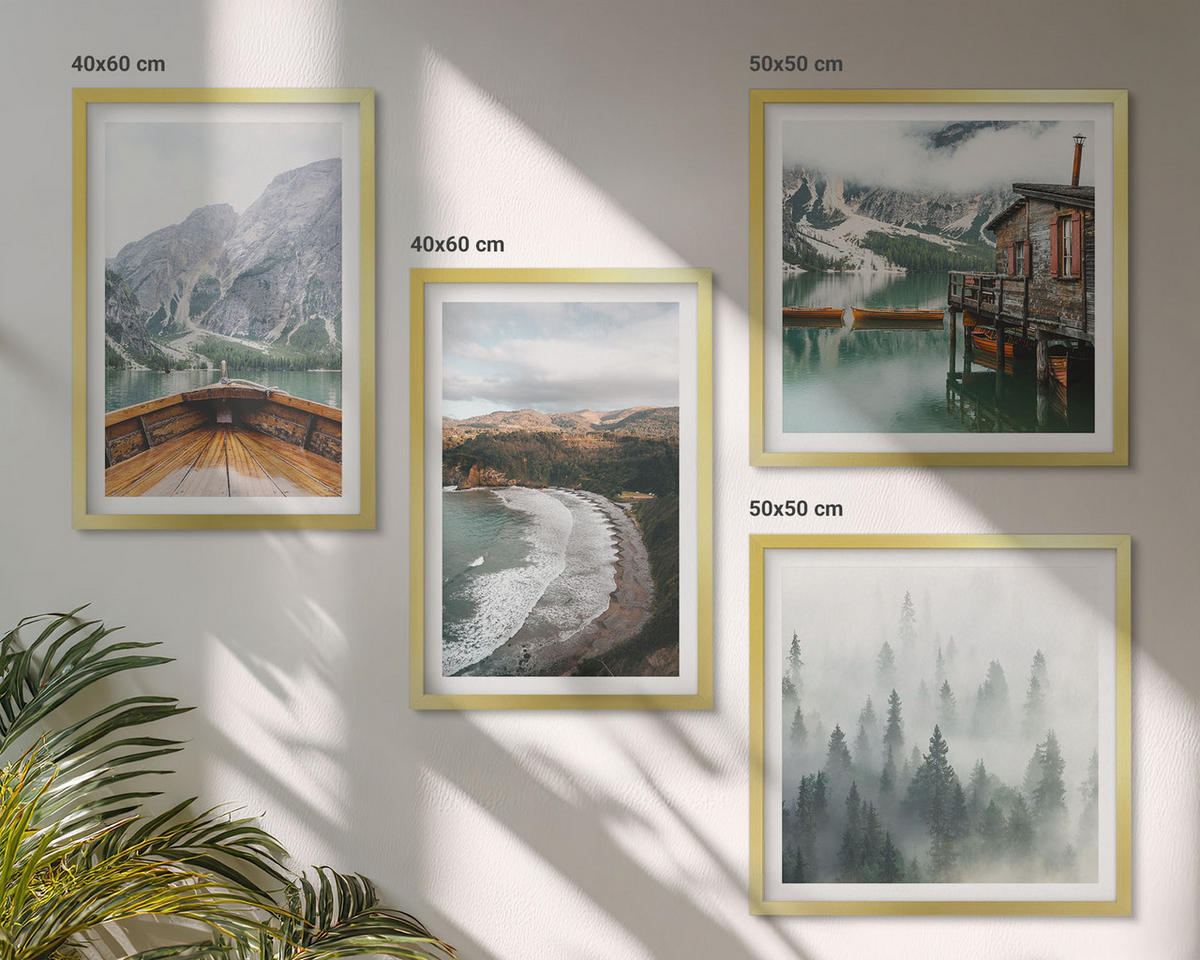 BILDER SET 4er Set - 50x50 cm & 40x60 cm Goldrahmen - Berge, See, Boot, Nebel, Strand - Goldfarben, Kunststoff (50/50cm) - TULUP