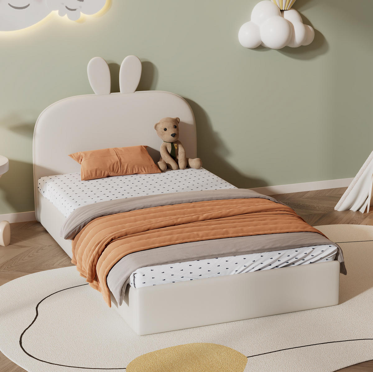 KINDERBETT 90/200 cm aus Samt mit Kaninchen-Kopfteil Beige - Beige, Textil (90/200cm) - Modenvie