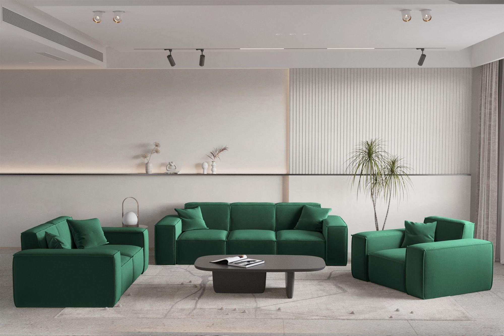 SOFASET Celes Premium 3-2-1 In Opera - Grün, Holzwerkstoff/Textil (225/73/88cm) - Fun Möbel