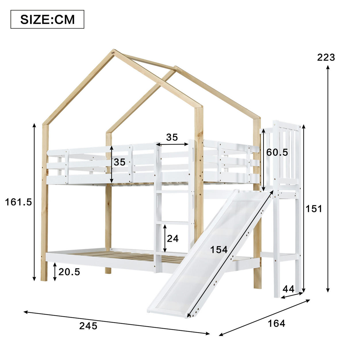 ETAGENBETT aus Kiefer und MDF 90x200 cm Weiß/Natur mit Rutsche, Hausdach und Absturzsicherung - Weiß, Holzwerkstoff (90/200cm) - Modfu