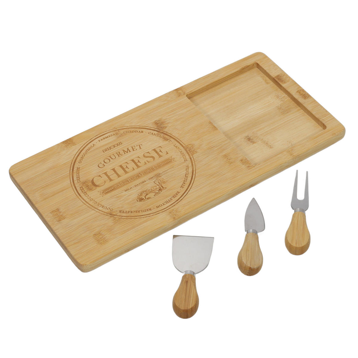 BAMBUSKÄSE- und Snackbrett+3 Messer 38/18/1 cm - Braun, Naturmaterialen (38cm) - Excellent Houseware