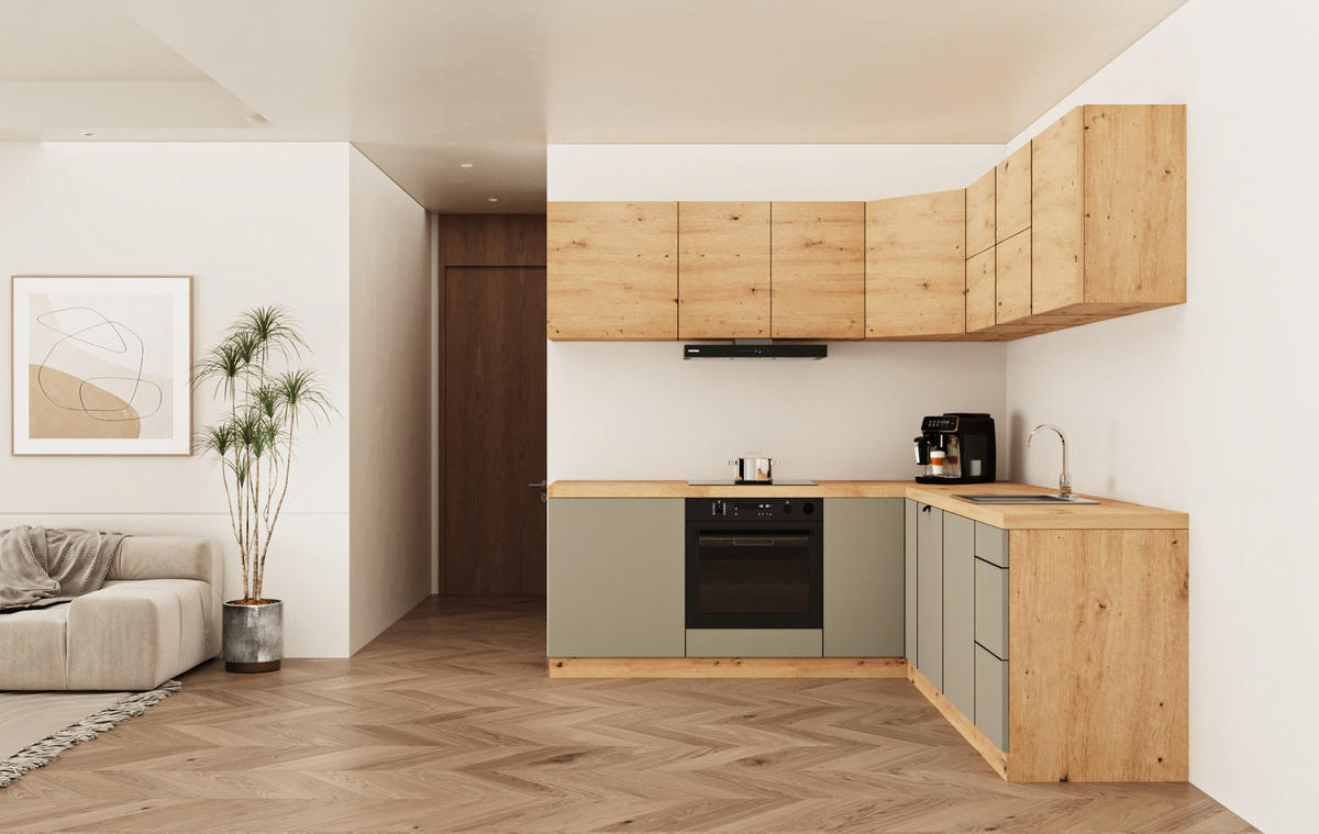 WINKELKÜCHE 240 cm x 200cm- Langen KL25-M240 - in Beige / Artisan Eiche - Beige/Eiche Artisan, Holz (440/212/52cm)