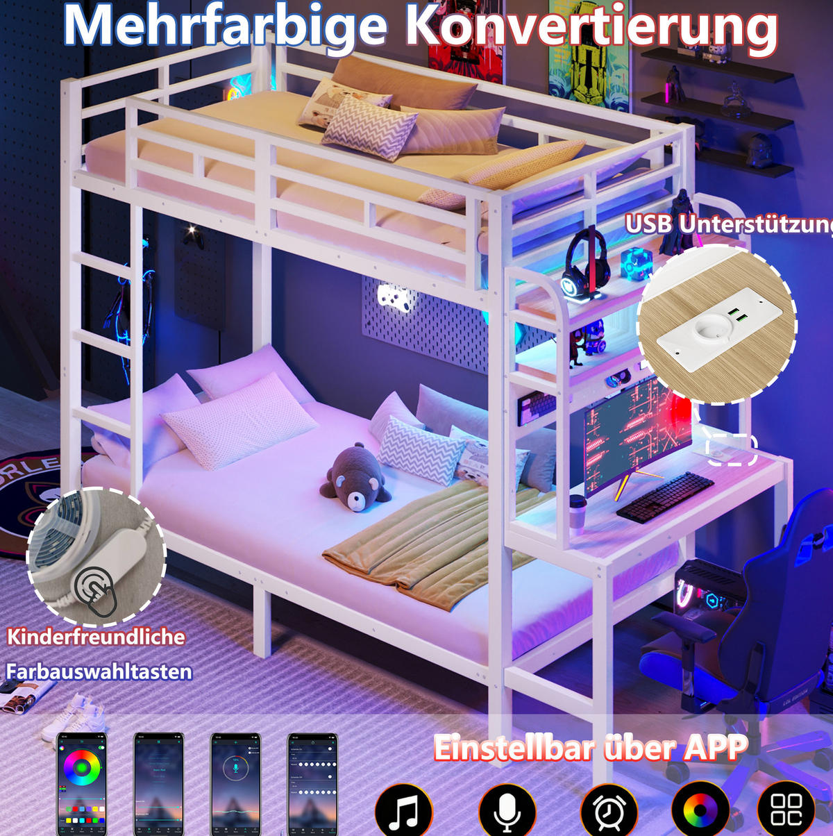 ETAGENBETT 90/200 cm aus Metall mit Schreibtisch, LED-Lichtleiste, USB-Anschluss, Weiß - Weiß, Metall (90/200cm) - OKMYHOME