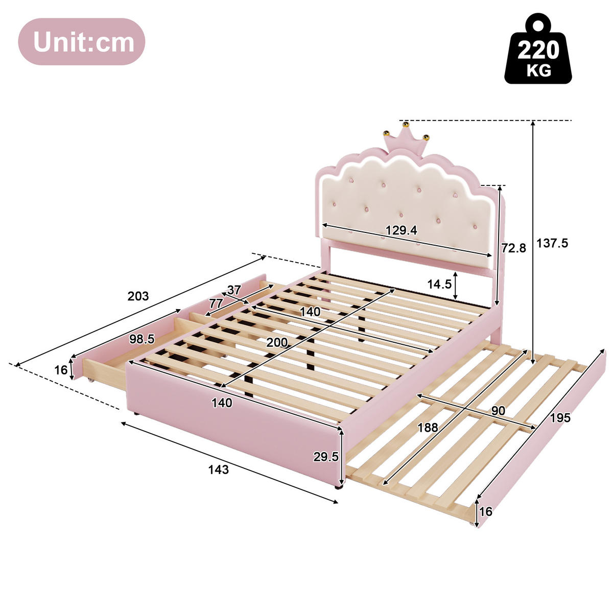 POLSTERBETT 140x200cm Rosa PU Kronprinzessinnenform Ausziehbett 2 Schubladen - Pink, Holz (140/200cm) - FLIEKS