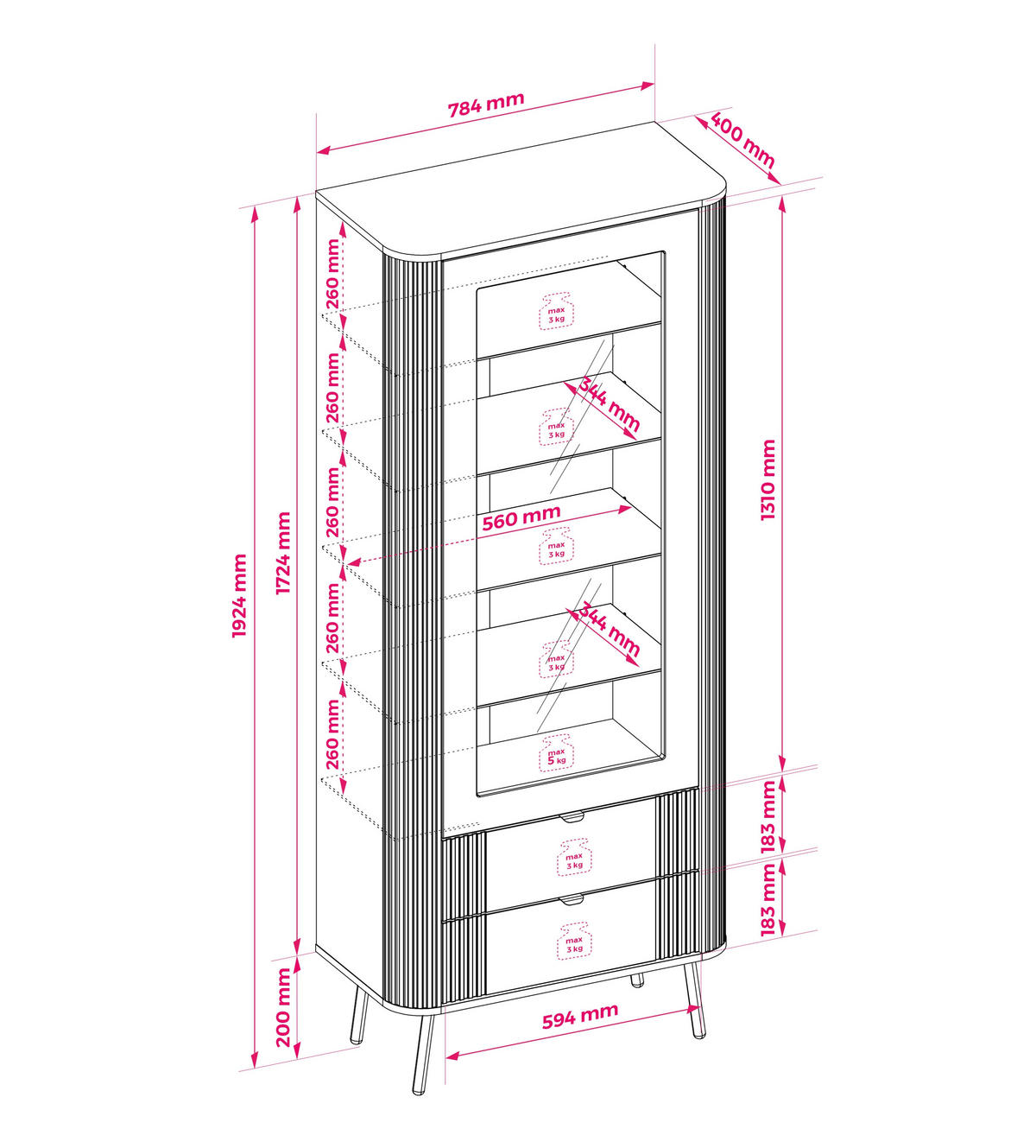 VITRINE mit 2 Schubladen, Kaschmir, 78,4 x 40 x 192,4 cm - Kaschmir, Holzwerkstoff (78.4/192.4/40cm) - 3XE LIVING
