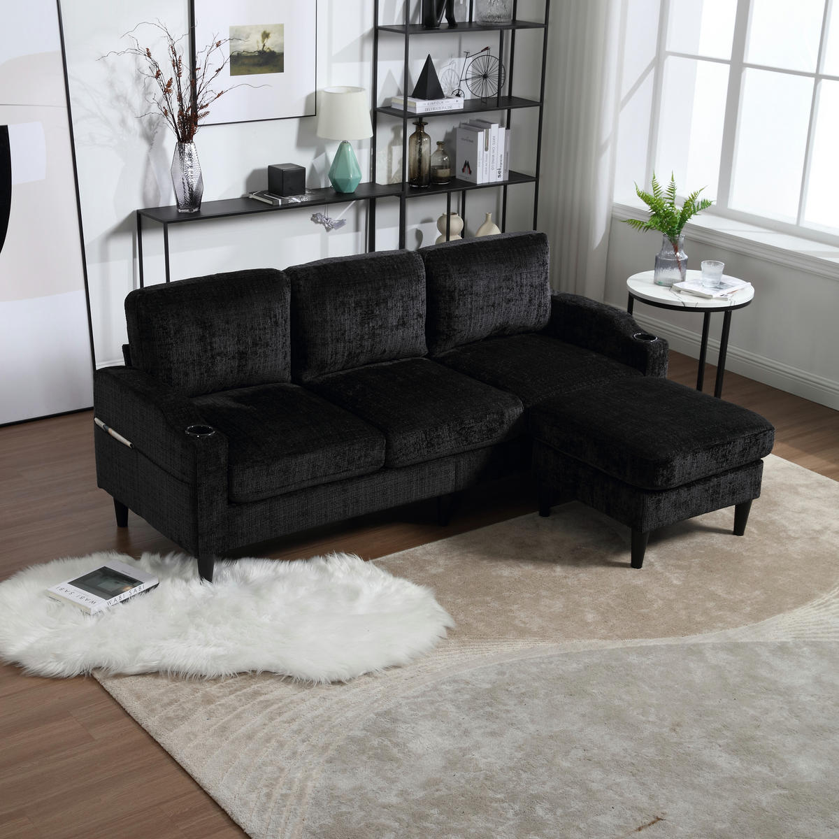 ECKSOFA 163/121/66 cm Schwarz mit 1 Aufbewahrungshocker, Aufbewahrungstasche und Getränkehalter - Schwarz, Textil (196.5/75cm) - Oxeza