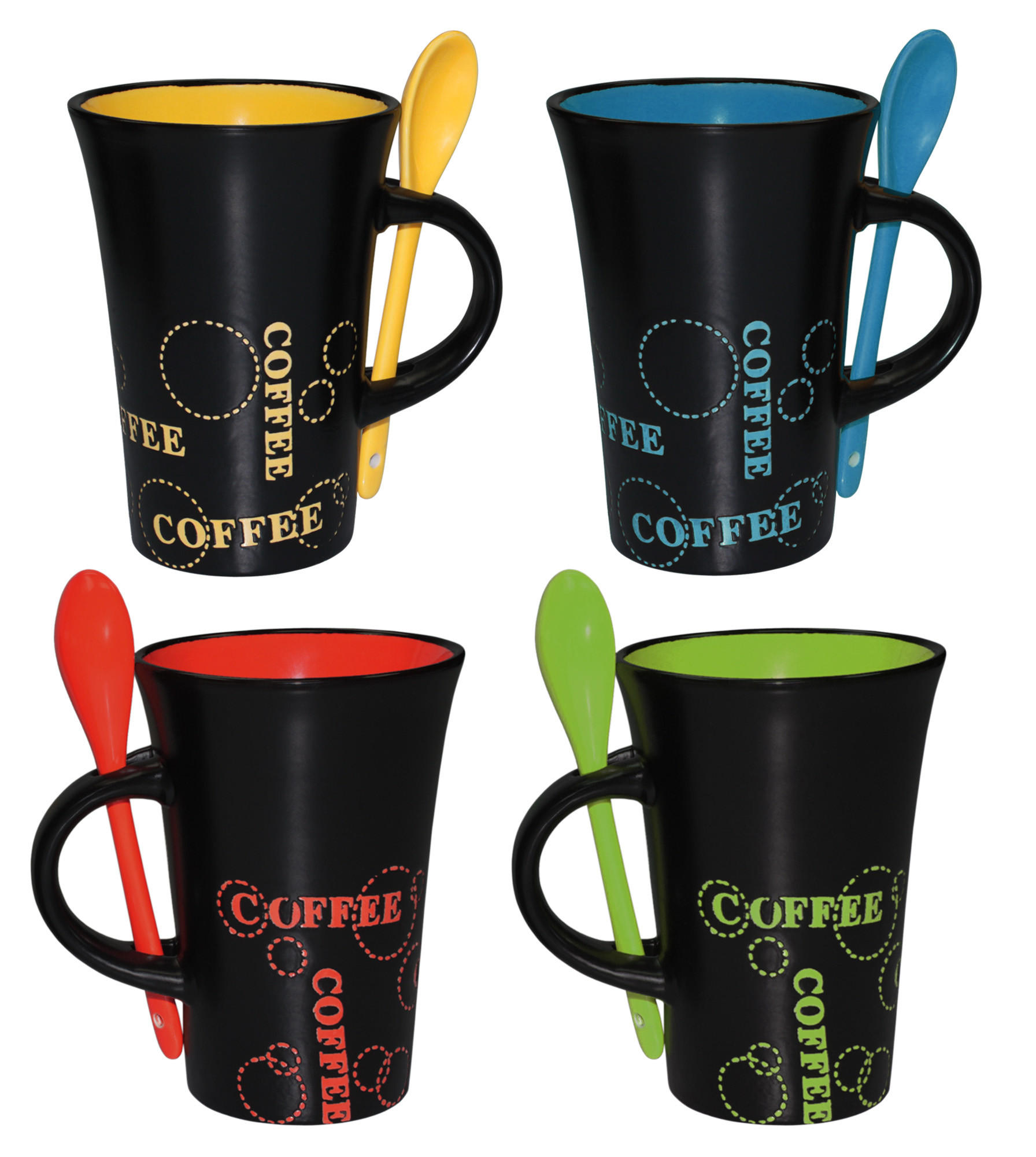 KAFFETASSEN 4er Set Keramik mit Löffel bunt 280 ml - Zwetschgefarben, Keramik (0.28L) - TiborTex