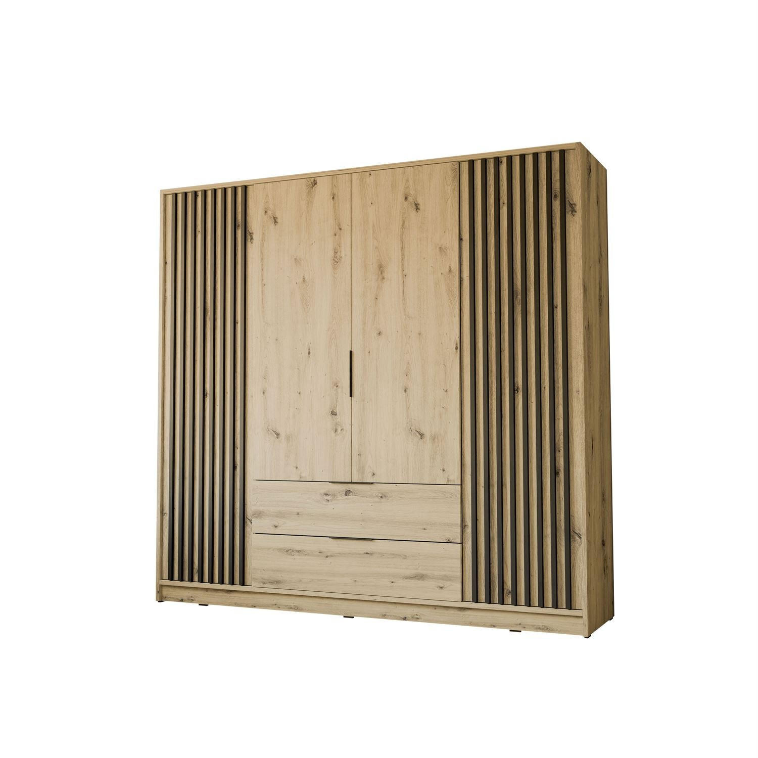 KLEIDERSCHRANK NELA, viertürig mit Lamellen, 206 cm, Artisan/Schwarz - Eiche Artisan, Holzwerkstoff (206/200/51cm) - Lookway