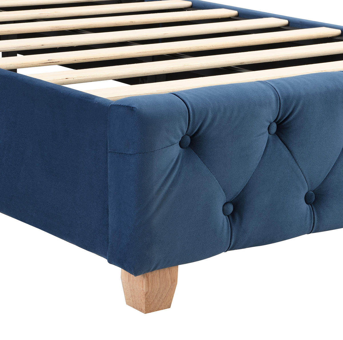 POLNJENA postelja iz žameta 90x200 cm modra s čvrstim letvenim dnom, gumbastim oblazinjenjem in kovinskimi zakovicami - modra, tekstil (90/200cm) - Modfu