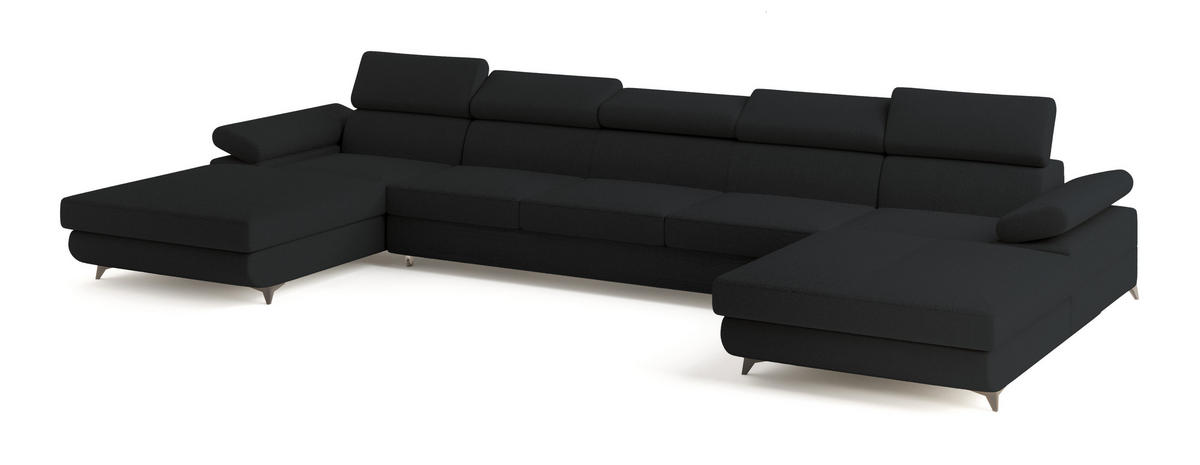 WOHNLANDSCHAFT VIVENTE Schwarz Boucle-Stoff mit Schlaffunktion - Schwarz, Holz (410/89/190cm) - MASSENO