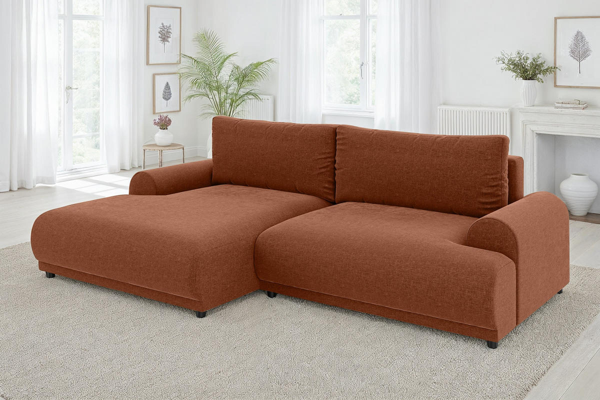 ECKSOFA mit Schlaffunktion, Bettkasten, extrabreite Ottomane links, abgerundete Armlehnen, B240/T145/H81 cm, Chenille Terracotta / 21024 - Terracotta/Schwarz, Kunststoff/Textil (240/145cm) - luma-home