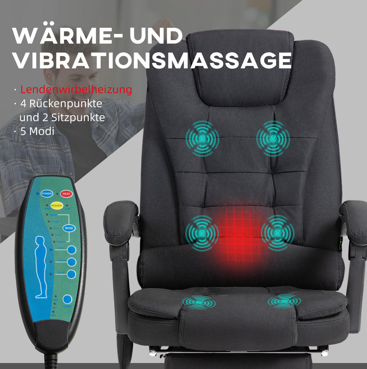 BÜROSTUHL mit Massagefunktion höhenverstellbar Stoff Black - Schwarz, Kunststoff (70/119/65cm) - Meubliv