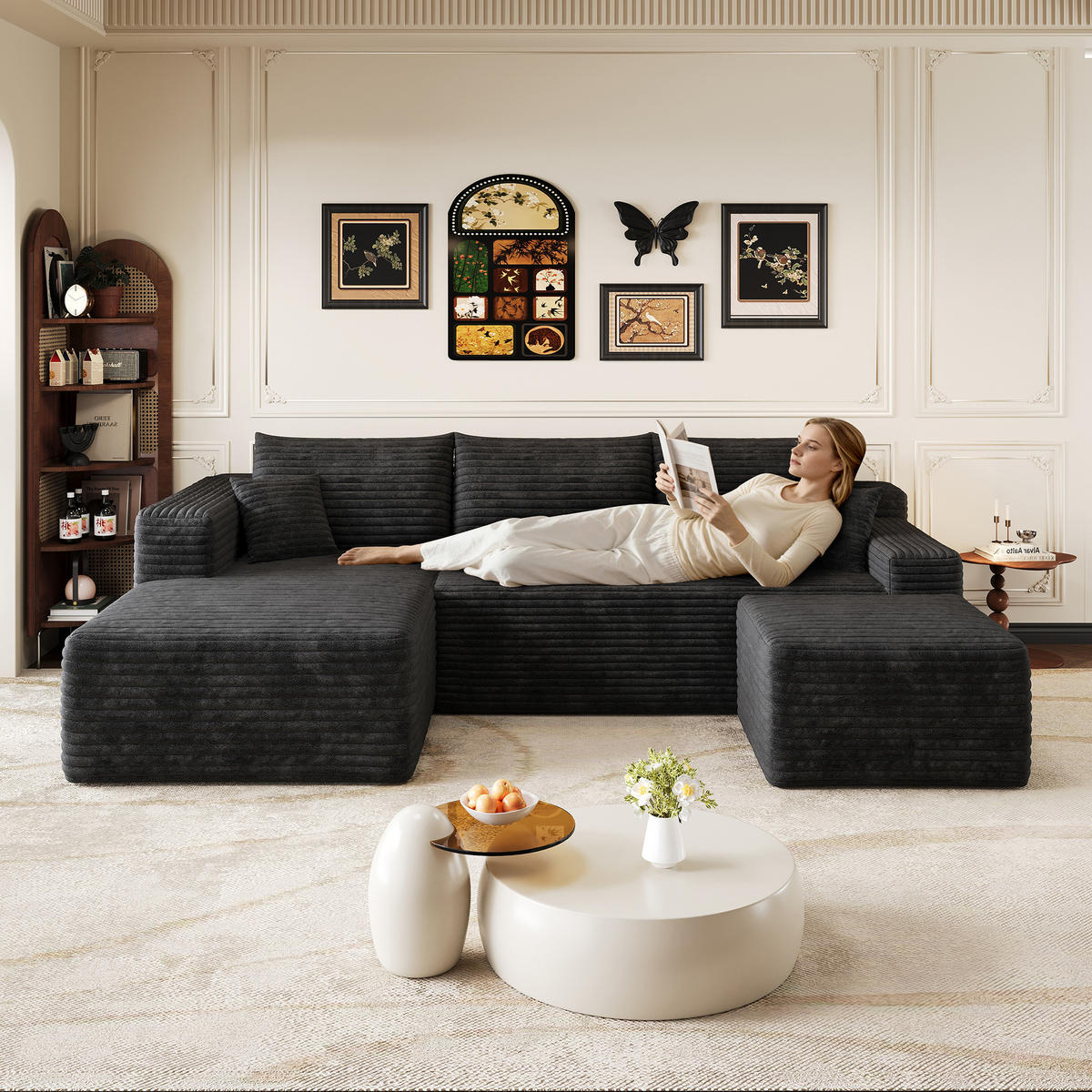 WOHNLANDSCHAFT Cord Schwarz modular, ohne Montage - Schwarz, Textil (241/58/151cm) - WISHDOR