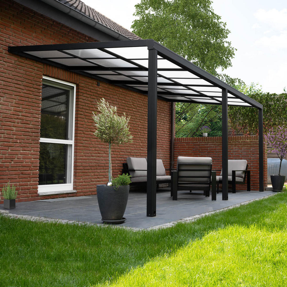 TERRASSENÜBERDACHUNG SOLIS DELUXE - Grau, 579 x 295 x 233 / 272 cm - Anthrazit, Kunststoff (579/272/295cm) - Home Deluxe