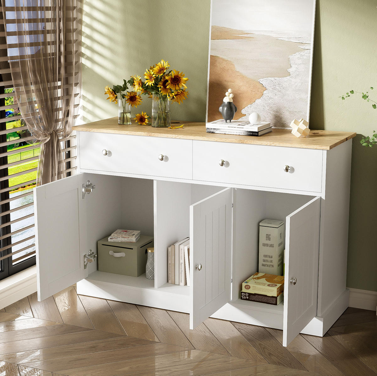 SIDEBOARD 120/36/80,5 cm in Weiß und Holzfarben mit 3 Türen und 2 Schubladen - Weiß, Holzwerkstoff (120/80.5/36cm) - Flora Grace