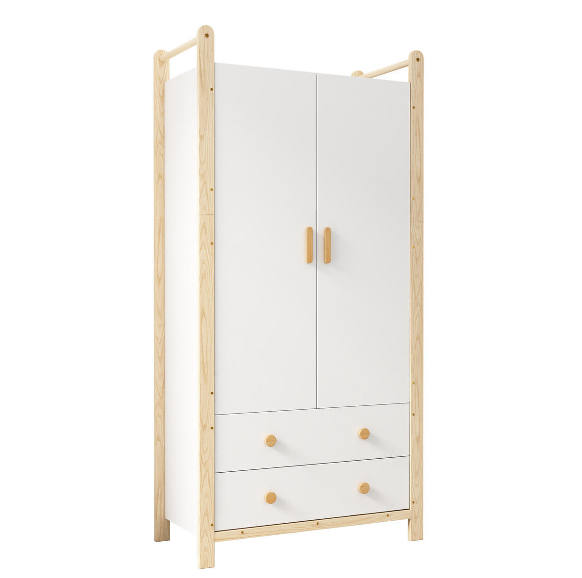 KLEIDERSCHRANK aus Kiefernholz und Spanplatte 89,6x44x180,5 cm Natur/Weiß mit Kleiderstange und 2 Schubladen - Naturfarben, Holzwerkstoff (90/180/45cm) - Modfu