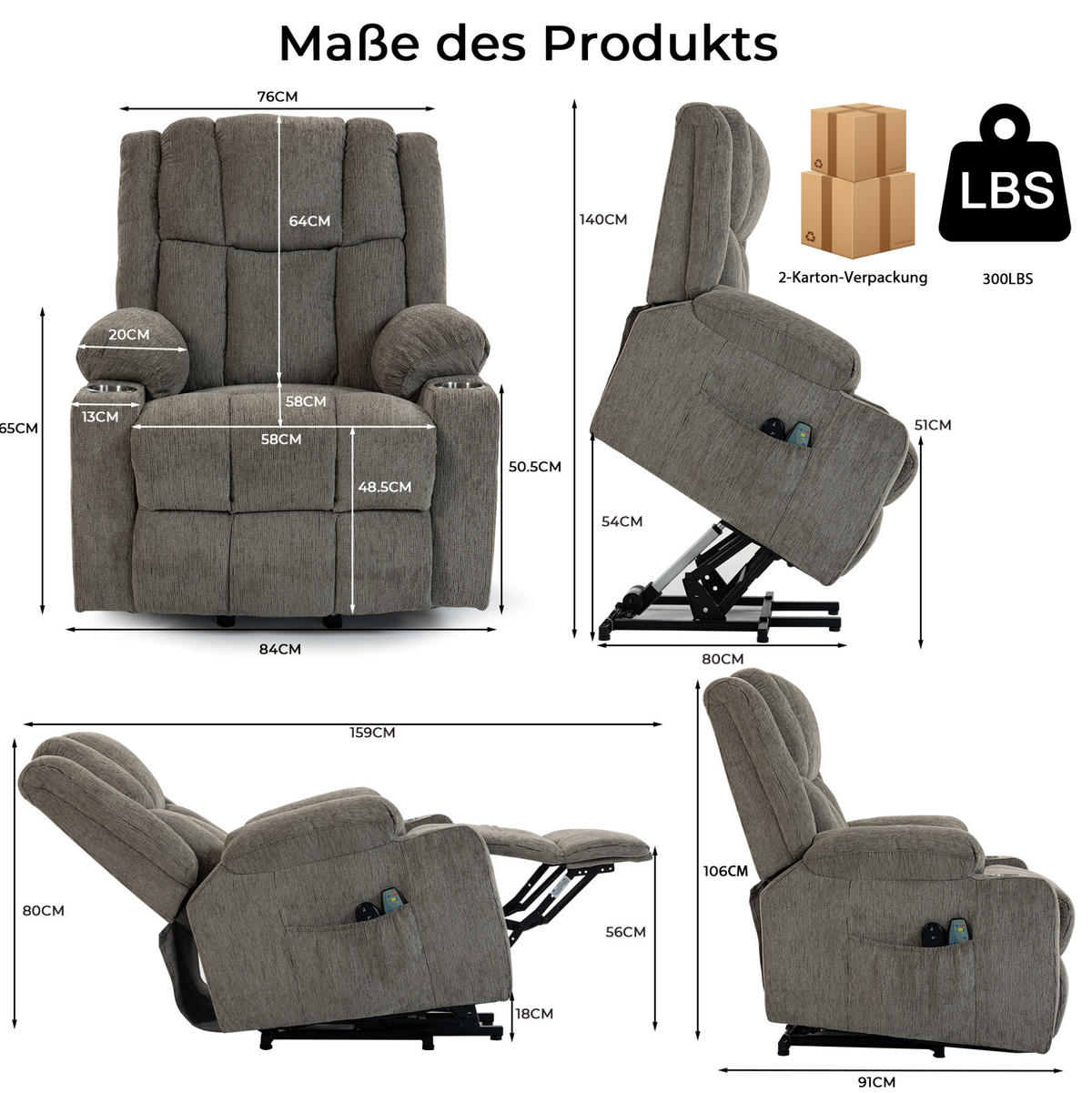 RELAXSESSEL 91/84/106 cm hellbraun aus Samt mit Aufstehhilfe Massage- und Wärmefunktion - Hellbraun, Textil (84/106/91cm) - OKWISH
