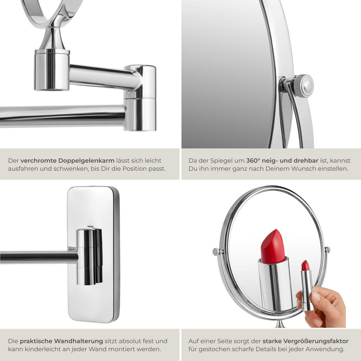 KOSMETIKSPIEGEL , doppelseitig, Ø 20 cm, silber - Silberfarben, Glas (2.7/31/26.5cm) - tectake