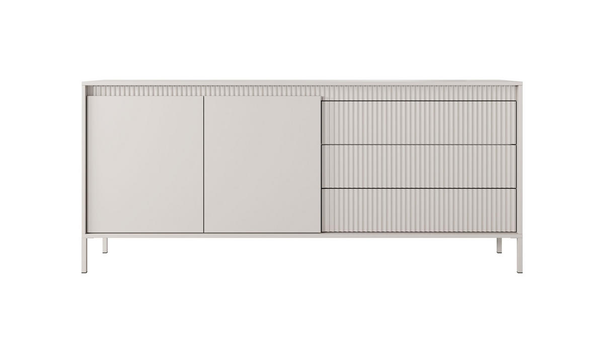 ​KOMMODE SENSO 2D3S, Geriffelte MDF-Fronten, Push-to-Open, Metallfüße, 187x81,4x39,5 cm - Beige - Beige/Creme, Holz/Holzwerkstoff (187/82/40cm) - DomoHome