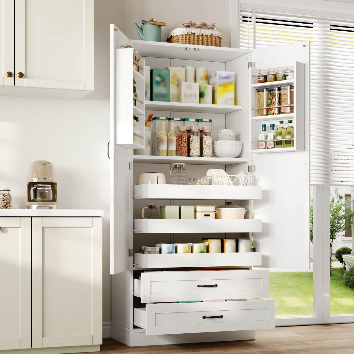 GESCHIRRSCHRANK 180 cm MDF Weiß mit Ausziehböden und Schubladen - Weiß, Holzwerkstoff (37.5/180/80cm) - Korfee