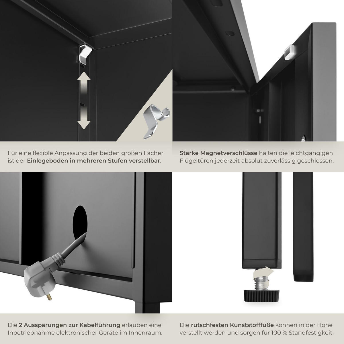 SIDEBOARD Baker, Kippschutz, höhenverstellbare Füße, schwarz - Schwarz, Metall (120/55.5/37.5cm) - tectake