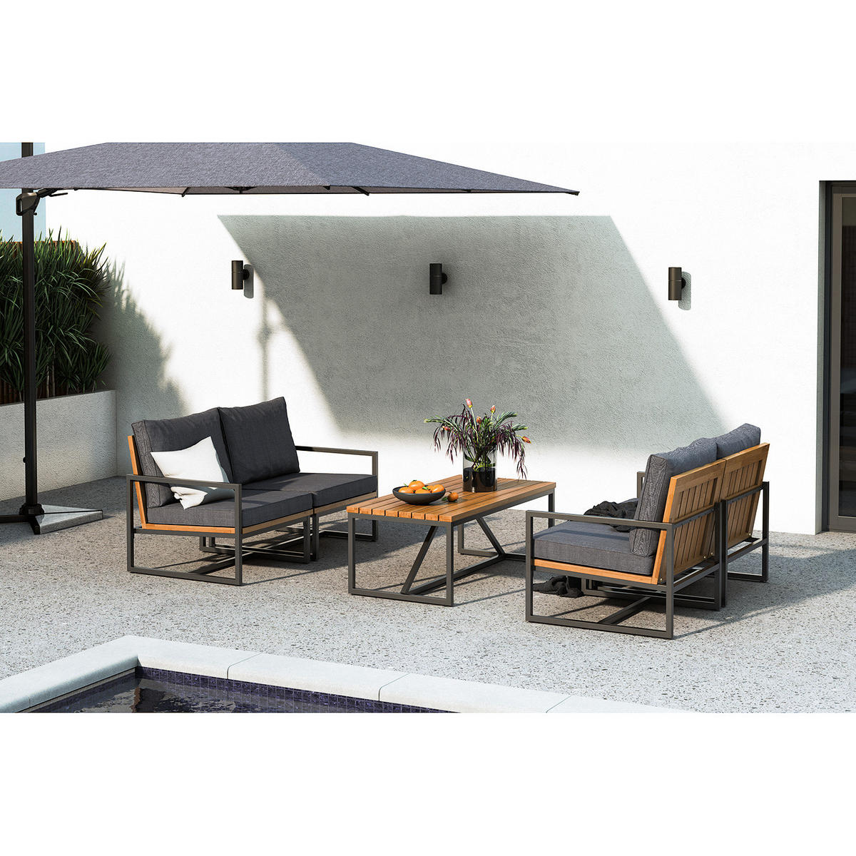 LOUNGEECKE - Polyester / Akazie massiv - Grau / Braun - Braun/Grau, Holz/Textil (68/79/74cm) - home24