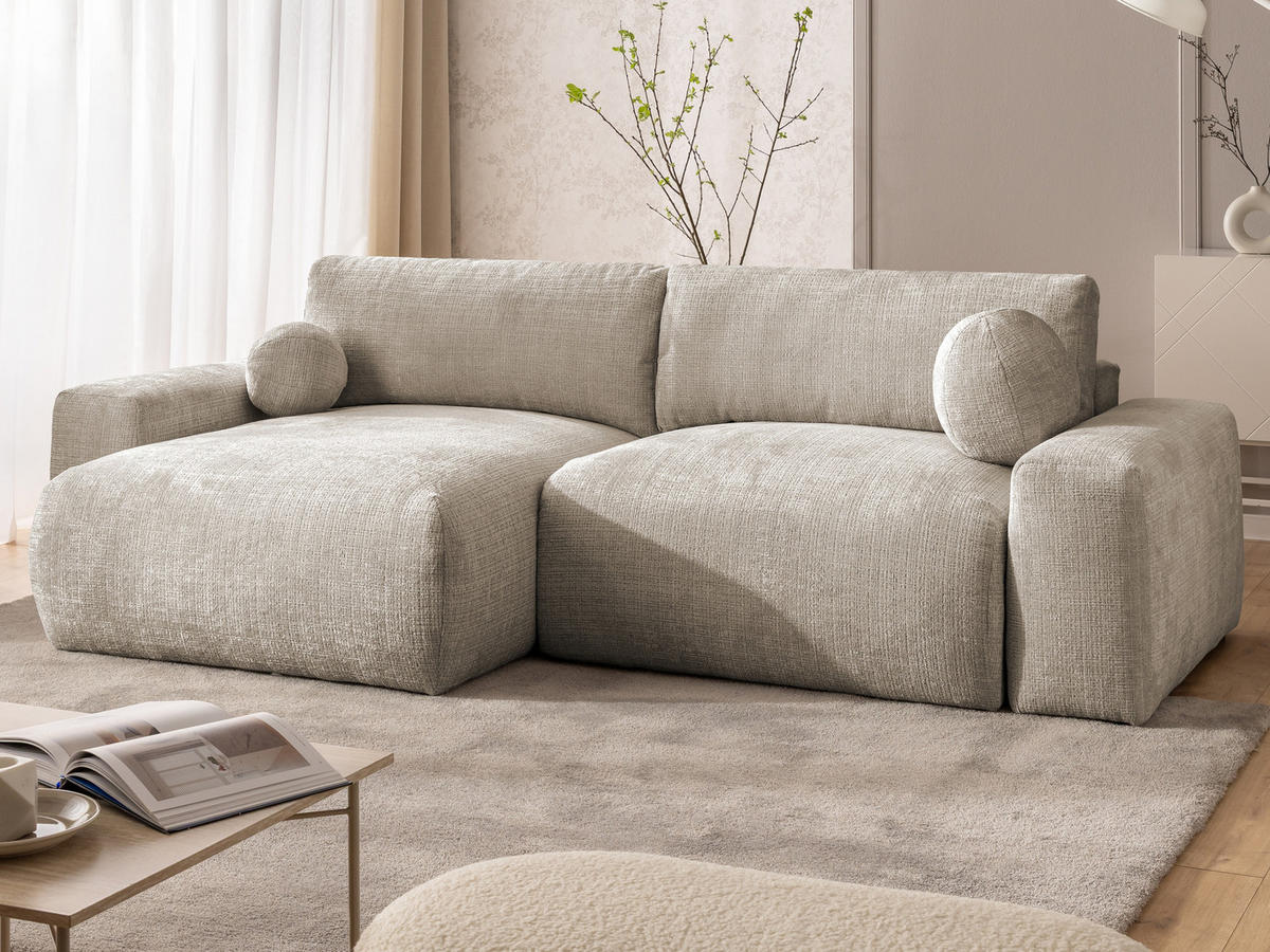 ECKSOFA Puffy mit Schlaffunktion und Bettkasten - besonders weich und puffig aus Dunkelbeige Chenille-Stoff - Ottomane links - Beige/Schwarz, Holz/Kunststoff (138/266cm) - S-Style Möbel