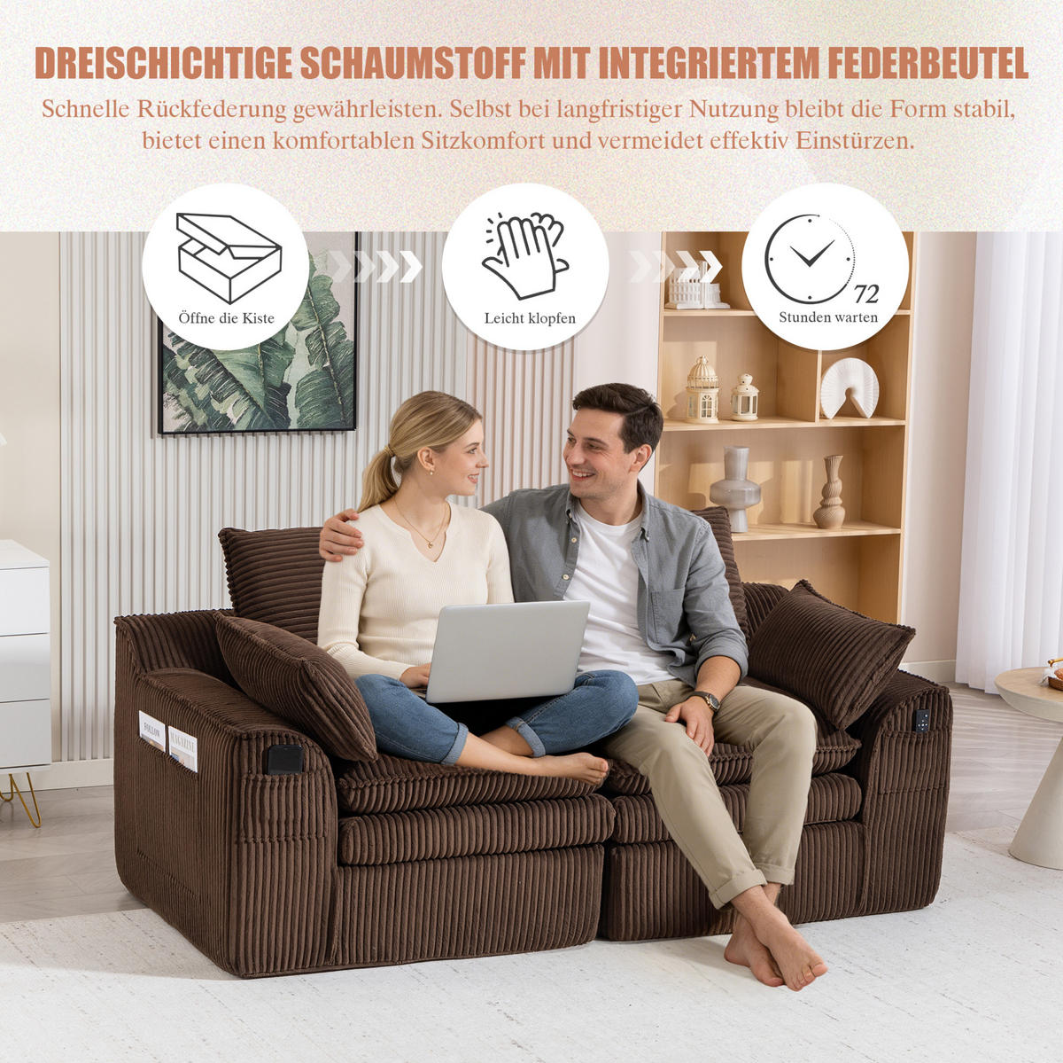 2-SITZER Sofa aus Cord 191x94x85 cm Braun mit Seitentaschen, Kissen und Federkern für hohen Sitzkomfort - Braun, Textil (191/85/94cm) - Modfu