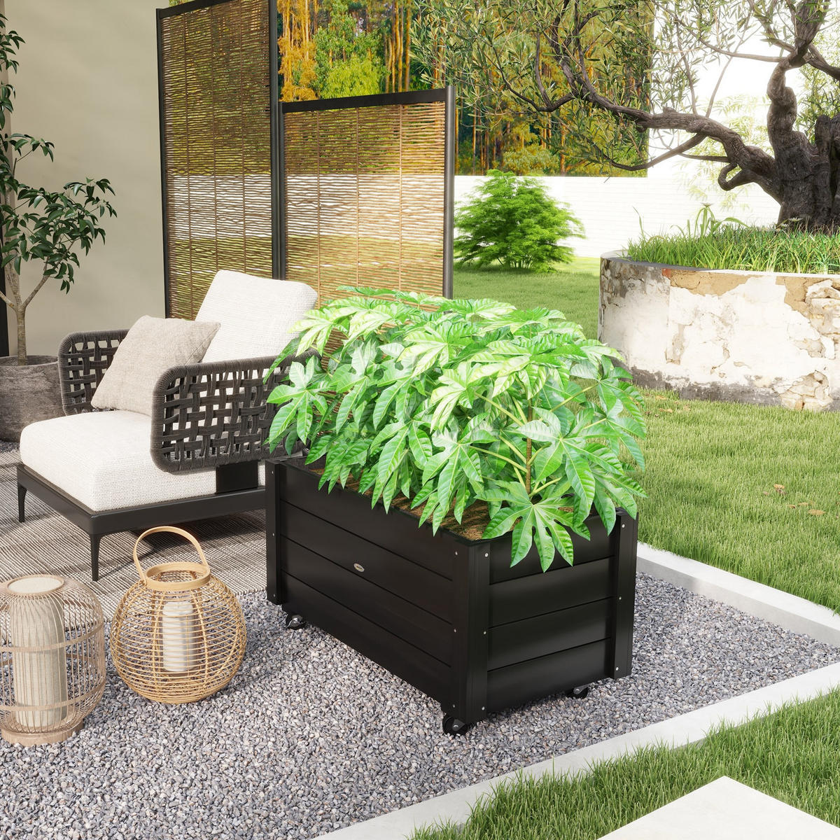 BLUMENKASTEN Hochbeet mit Rollen, für Garten, Terrasse und Balkon, Holz, Schwarz - Schwarz, Holz (48/47/89cm) - Outsunny