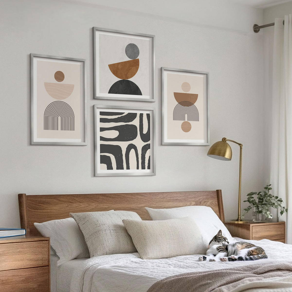 BILDER SET 4er Set - 50x50 cm & 40x60 cm Silberner Rahmen - Abstraktes Boho-Design - Silberfarben, Kunststoff (50/50cm) - TULUP