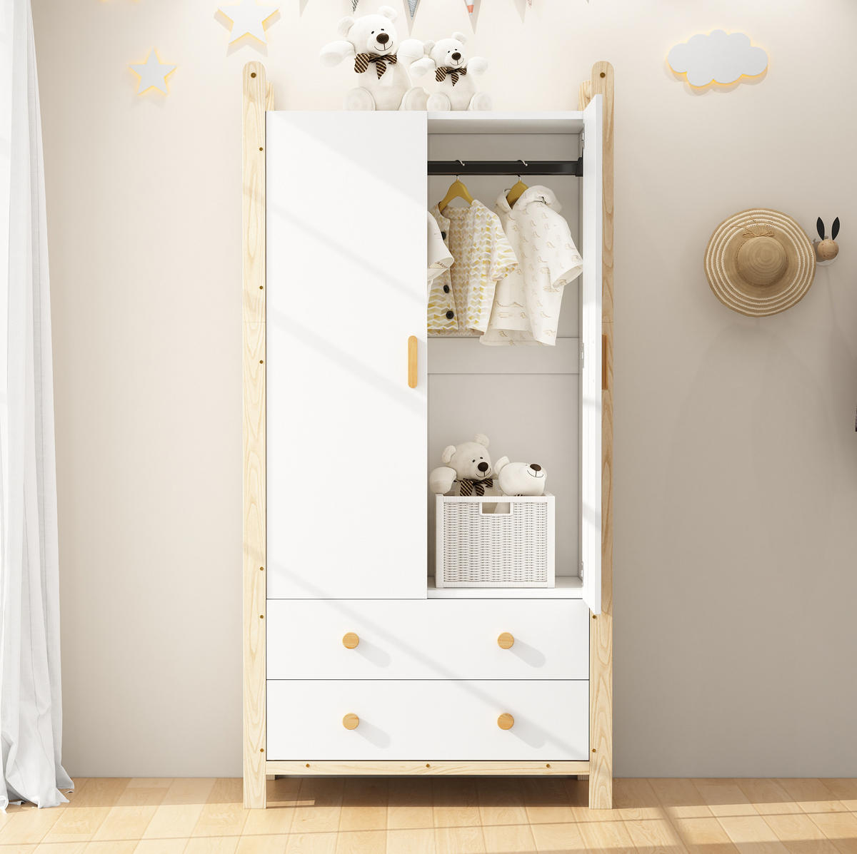 KLEIDERSCHRANK aus Kiefernholz und Spanplatte 89,6x44x180,5 cm Natur/Weiß mit Kleiderstange und 2 Schubladen - Naturfarben, Holzwerkstoff (90/180/45cm) - Modfu