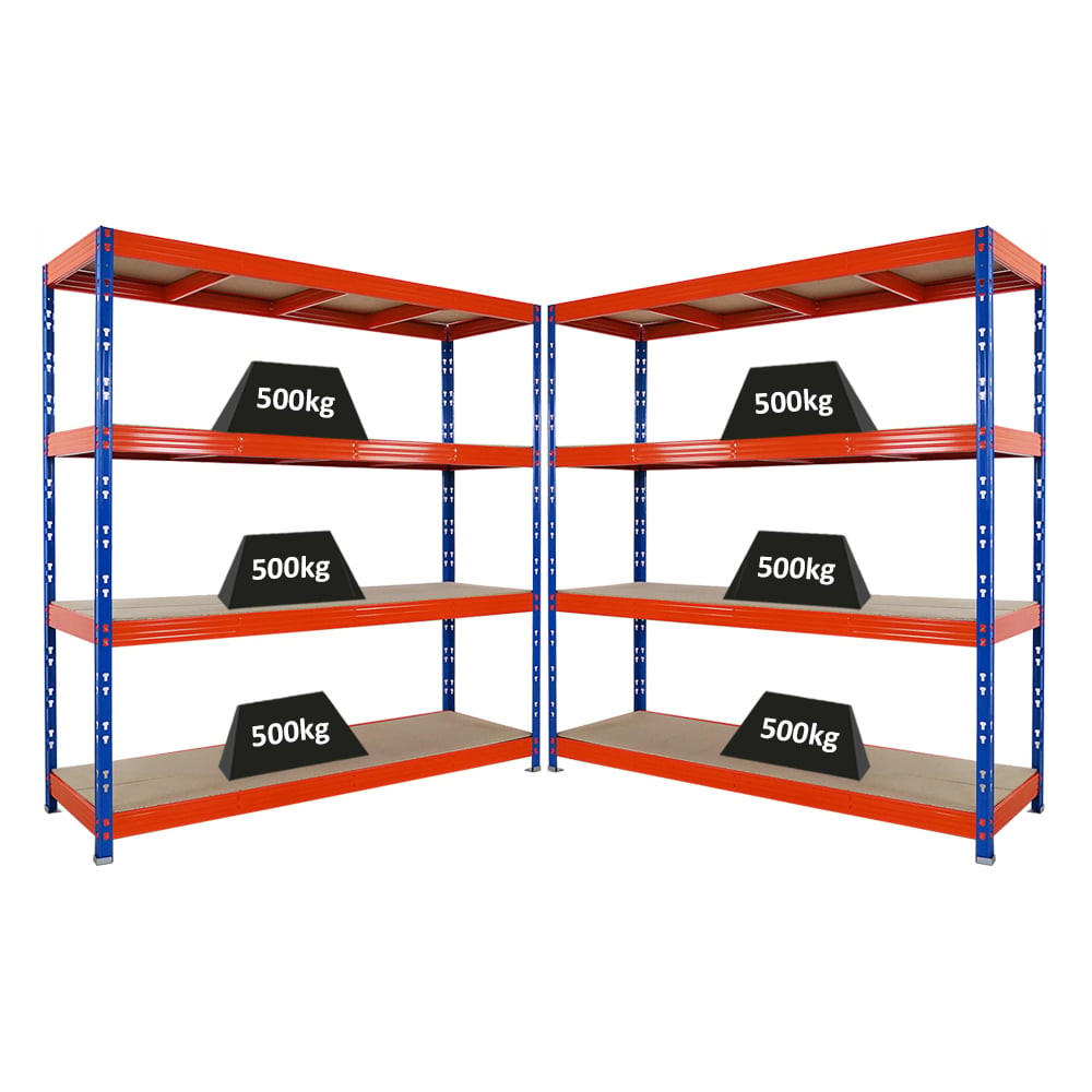 SCHWERLASTREGAL Rhino 2er-Set 200x200x60 cm 4 Spanplatten-Ebenen 8mm Fachlast 500 kg Blau/Orange - Blau/Orange, Metall (400/200/60cm) - PROREGAL