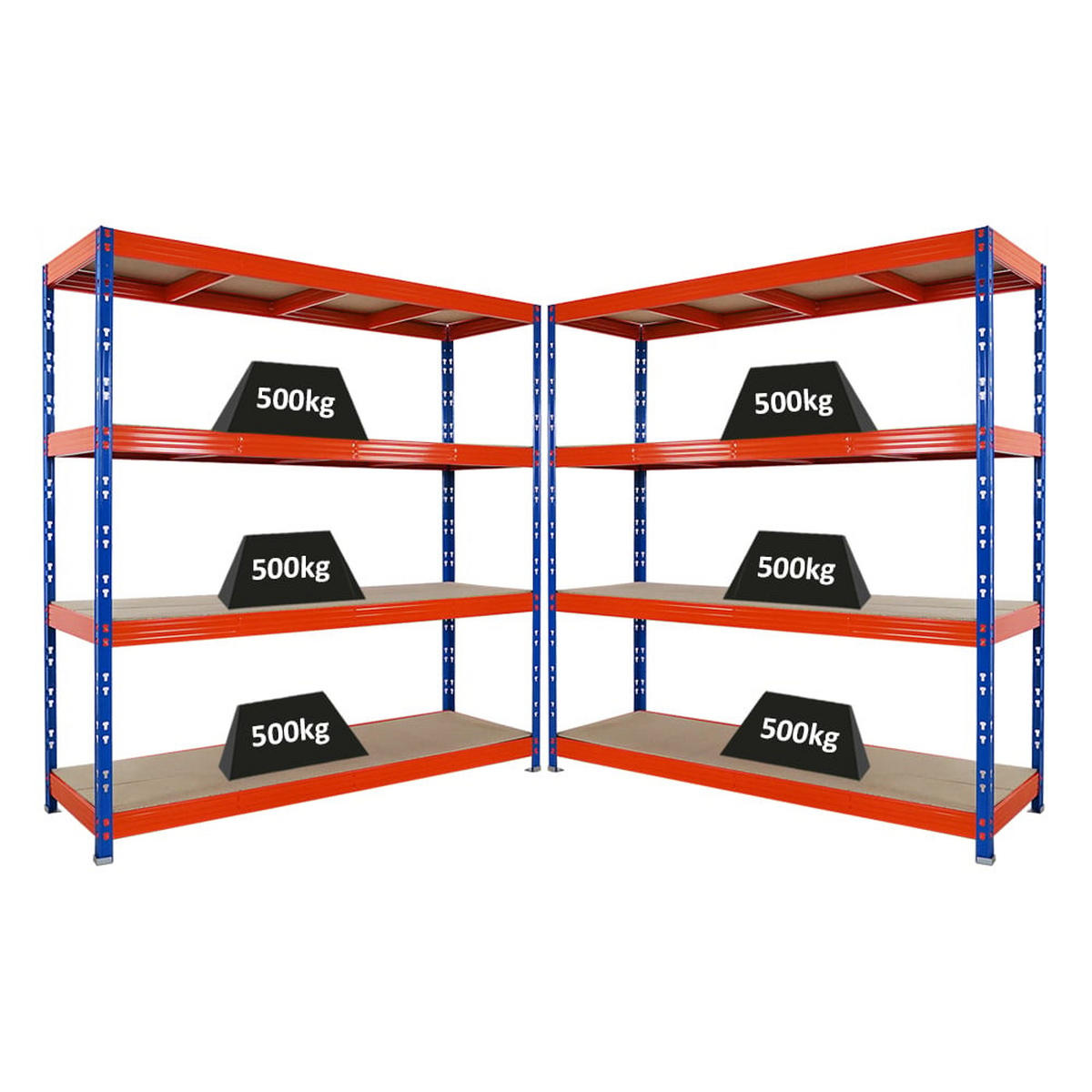 SCHWERLASTREGAL Rhino 2er-Set 200x200x60 cm 4 Spanplatten-Ebenen 8mm Fachlast 500 kg Blau/Orange - Blau/Orange, Metall (400/200/60cm) - PROREGAL