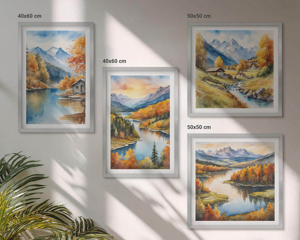 WANDBILDER 4er Set - 50x50 cm & 40x60 cm Silberner Rahmen - Herbstliche Berge, Flusshütte - Silberfarben, Kunststoff (50/50cm) - ArtPrintCave