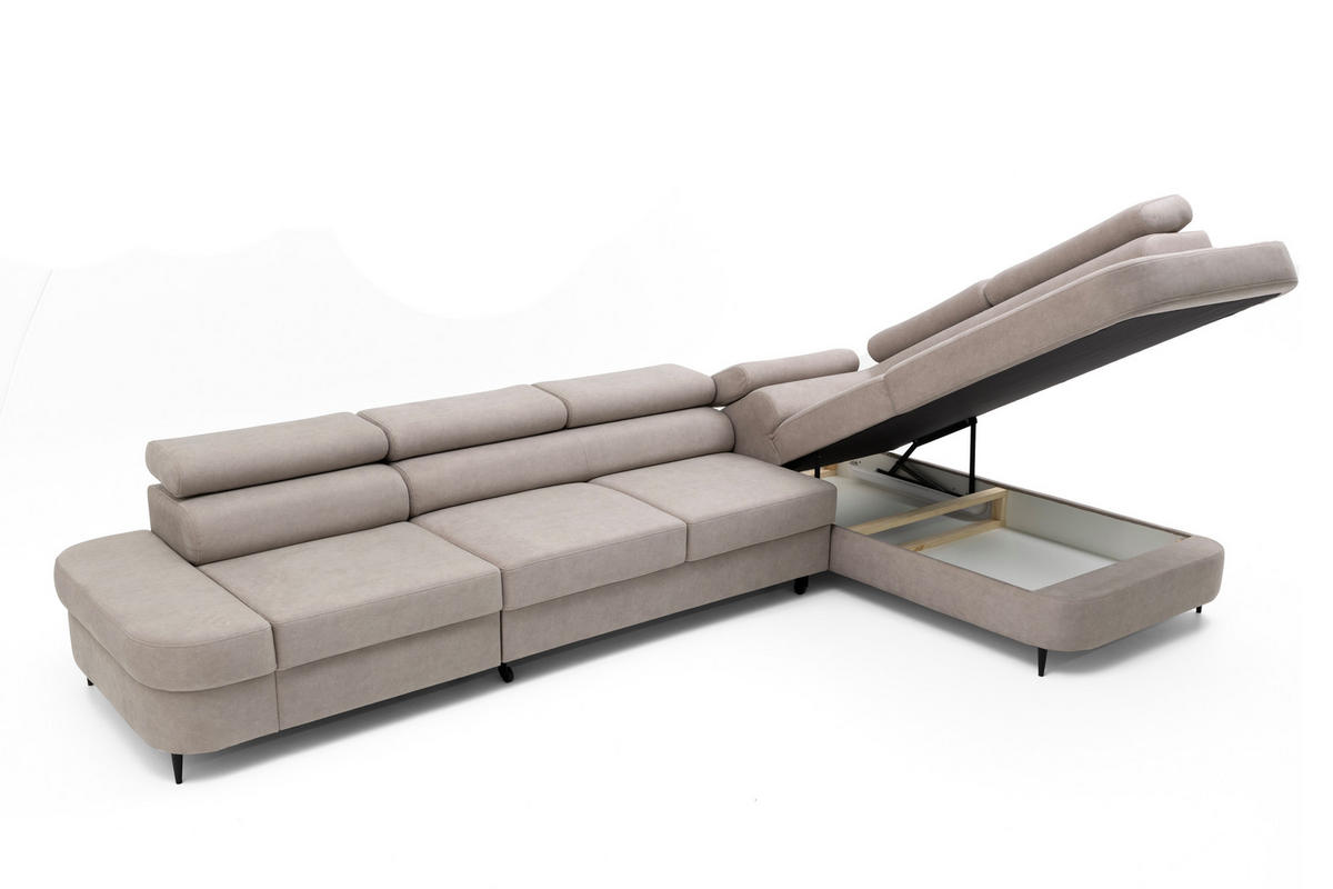 ECKSOFA PRIAM MAXI L-Form mit Schlaffunktion & Bettkasten, 6-Sitzer, 350cm, Verstellbare Kopfstützen Ottomane rechts - Beige, Holz/Textil (350/203cm) - Muffo