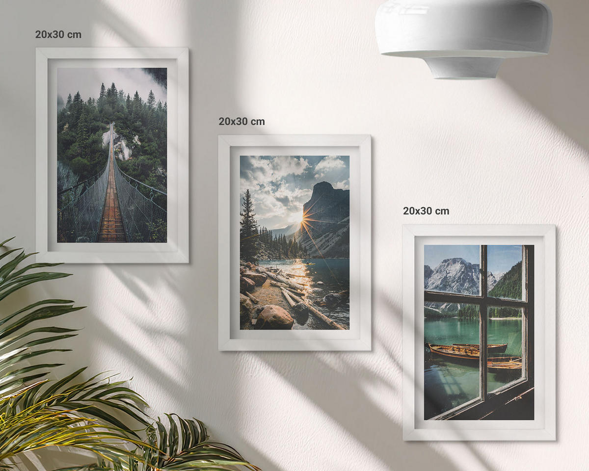 WANDBILDER 3er-Set - 20x30 cm Weißer Rahmen - Brücke, Wald, See, Boote, Berge - Weiß, Kunststoff (20/30cm) - ArtPrintCave