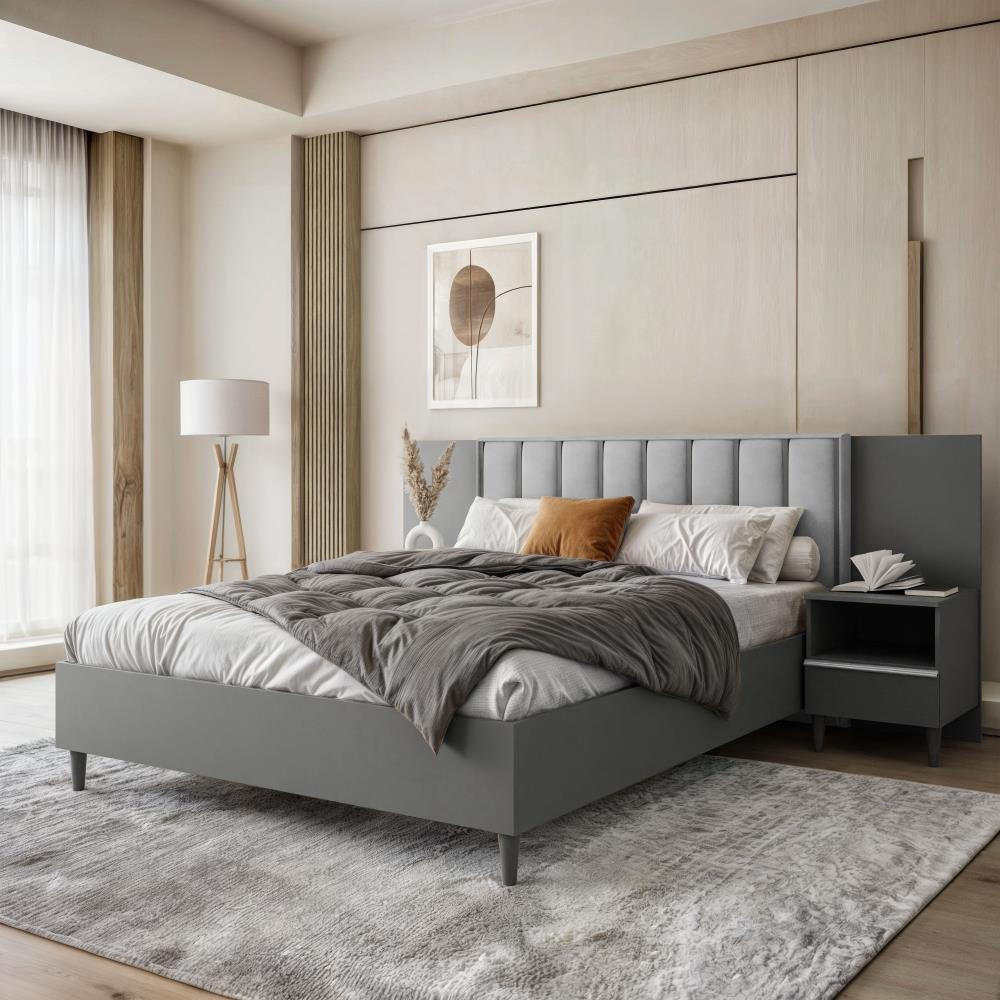 POLSTERBETT Stella 166/211/108 mit 2 Nachttischen grau - Graphitfarben/Grau, Holzwerkstoff/Textil (160/200cm) - Beautysofa