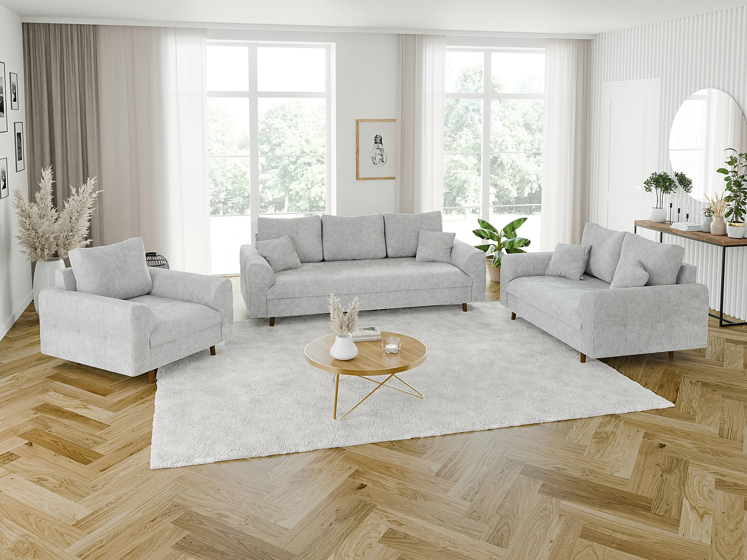 SITZGARNITUR 3+2+1 Sigurd Hellgrau Chenille - Hellgrau/Schwarz, Holz/Textil (210/81/93cm) - S-Style Möbel