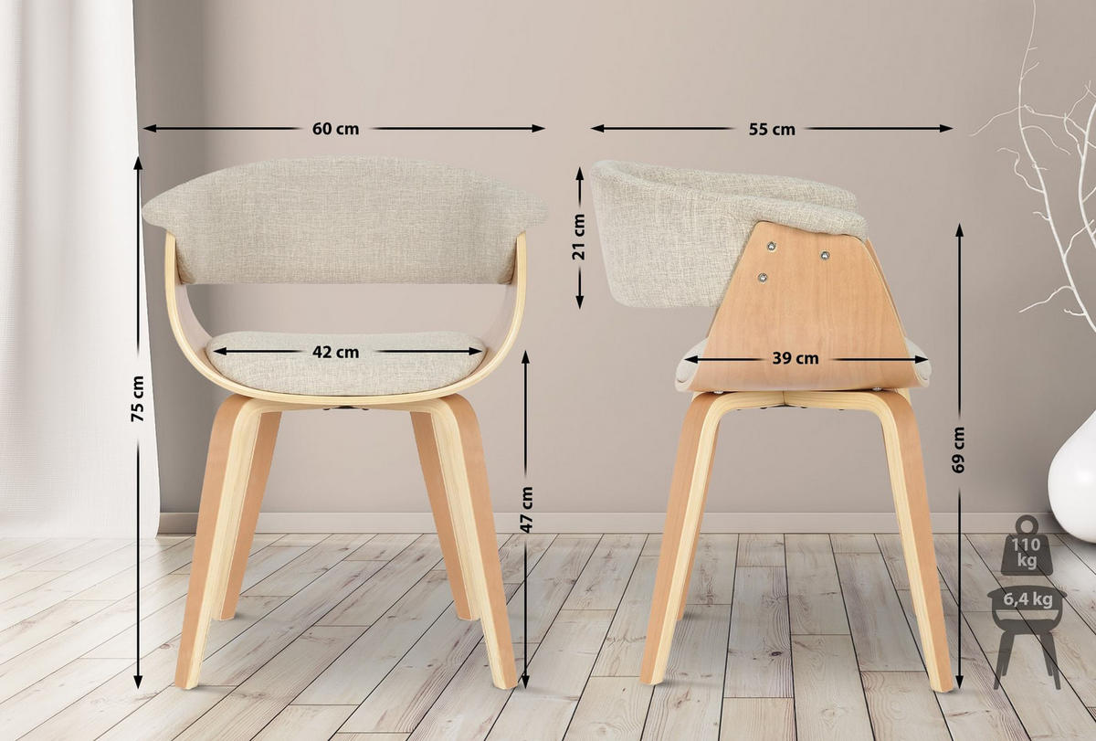 ARMLEHNENSTUHL 2er Set Stoff Natura/Creme - Eukalyptusholzfarben/Creme, Holz/Textil (60/75/55cm) - CLP