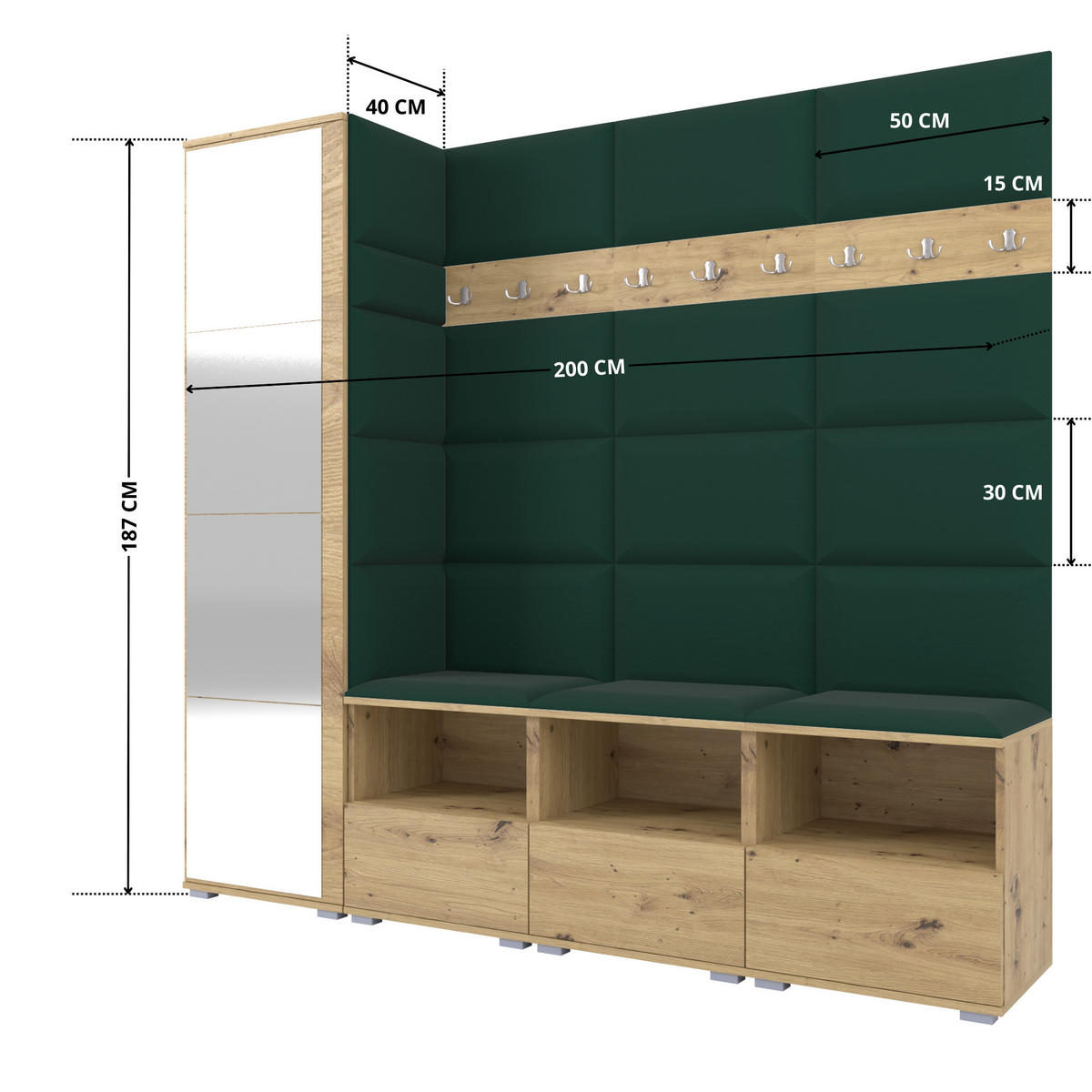GARDEROBE NELA IX 200 cm (Modulare Flurmöbel Artisan Eiche mit Spiegel & Sitzpolster Flaschengrün 28 Breite Sitzbank) - Dunkelgrün/Silberfarben, Holz/Holzwerkstoff (200/187/40cm) - Ravio