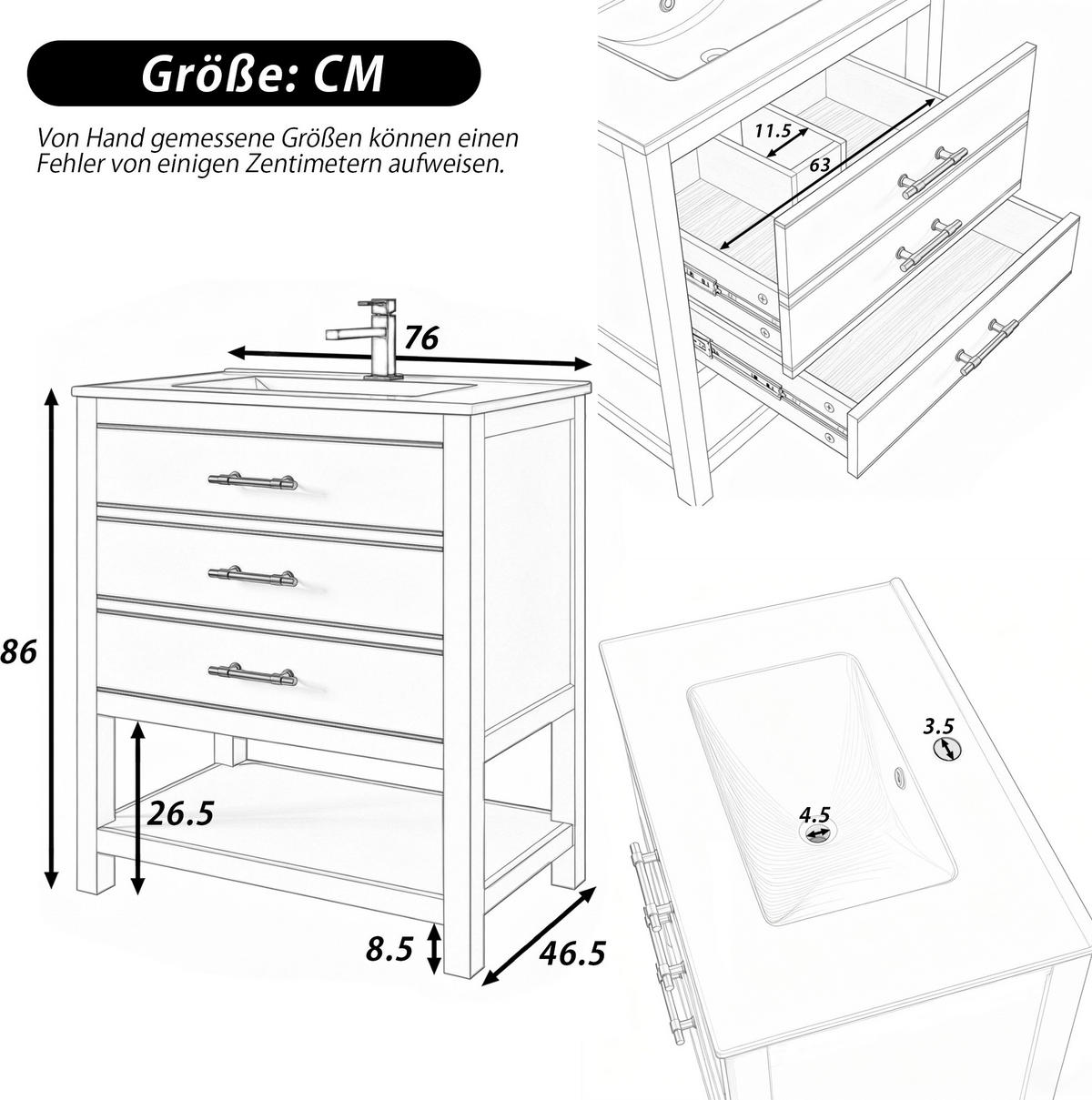 WASCHTISCHKOMBI 76 cm Weiß aus MDF mit Keramikbecken - Weiß, Holzwerkstoff (76/86/46.5cm) - OKMYHOME