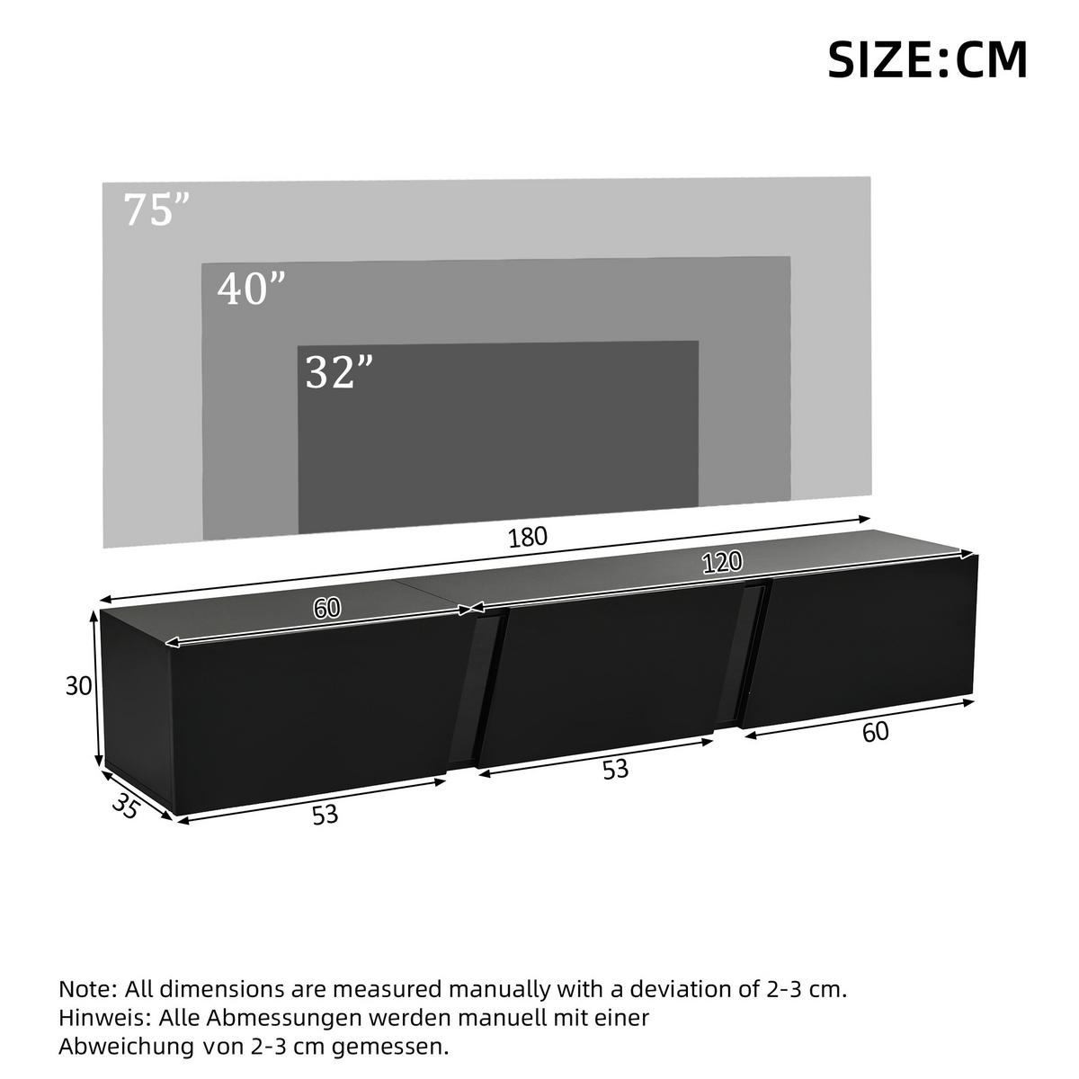 TV-SCHRANK Wandmontiert LED Hochglanz 3 Türen Schwarz - Schwarz, Holzwerkstoff (180/30/35cm) - FLIEKS