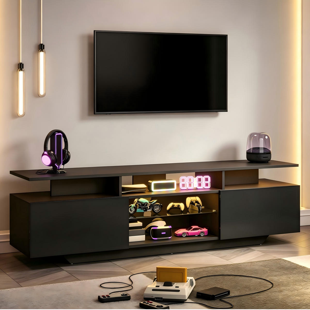 TV-ELEMENTFERNSEHSCHRANK Schwarz 160x40x45cm-TV-Board Hochglanz mit LED-App-Steuerung - Schwarz, Holz (50.5/14.99/76cm) - Raelunyi