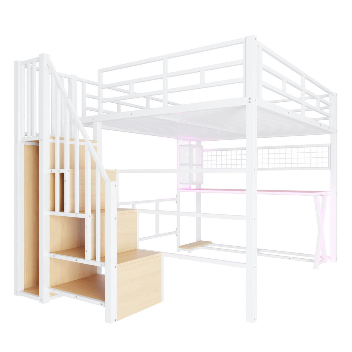 HOCHBETT aus Metall und MDF 160x200 cm Weiß mit LED-Beleuchtung, Schreibtisch und Kleiderschrank - Weiß, Holzwerkstoff (160/200cm) - Modfu
