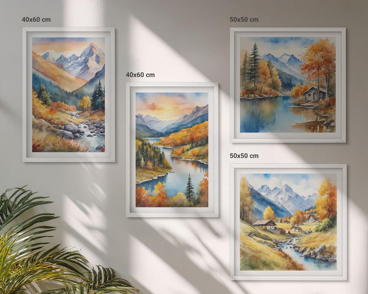 BILDER SET 4er Set - 50x50 cm & 40x60 cm Weißer Rahmen - Berglandschaft mit einem Fluss - Weiß, Kunststoff (50/50cm) - TULUP
