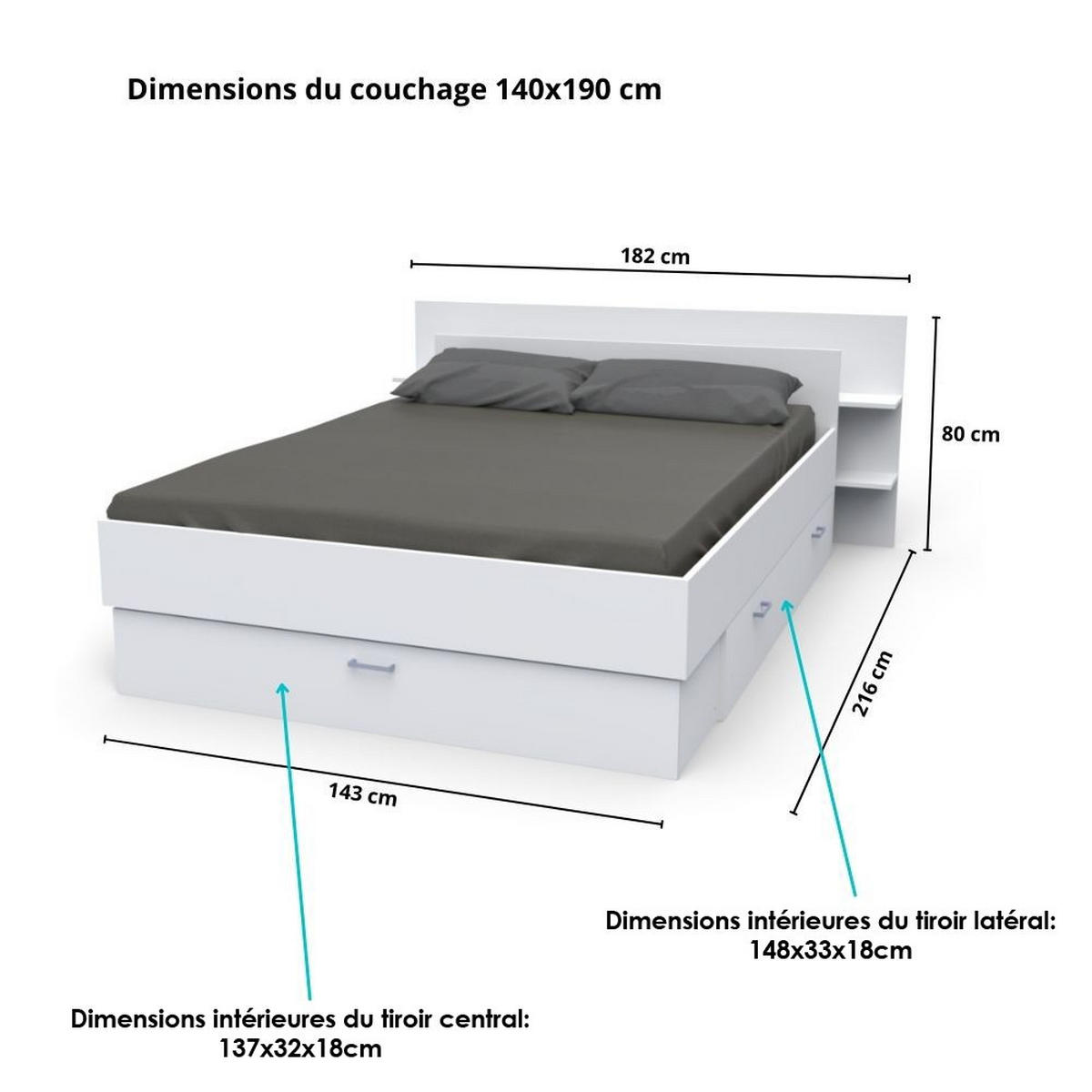 BETT SAMBA mit Schubladen / Bett 140x190 - Weiß - Weiß, Holzwerkstoff (140/190cm) - Weber Industries