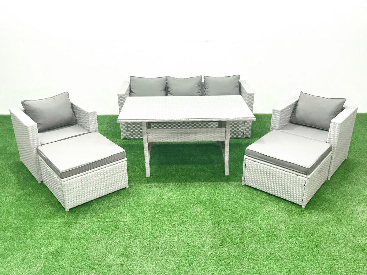 GARTENMÖBEL SET mit Sofa,2 Großer Hockern Polyrattan Hellgrau 7-Sitzer - Hellgrau/Grau, Glas/Kunststoff - Fimous