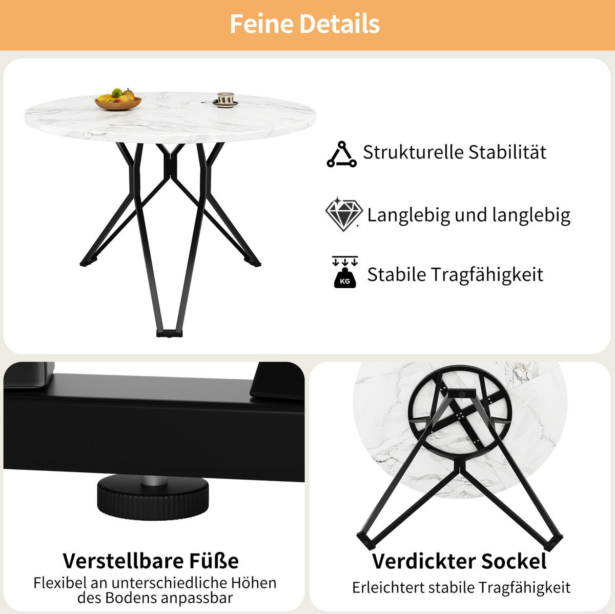 ESSTISCH aus MDF 100x100x76 cm Schwarz mit Marmoroptik, Metallgestell und verstellbaren Füßen - Schwarz, Holzwerkstoff (100/100/76cm) - Modfu